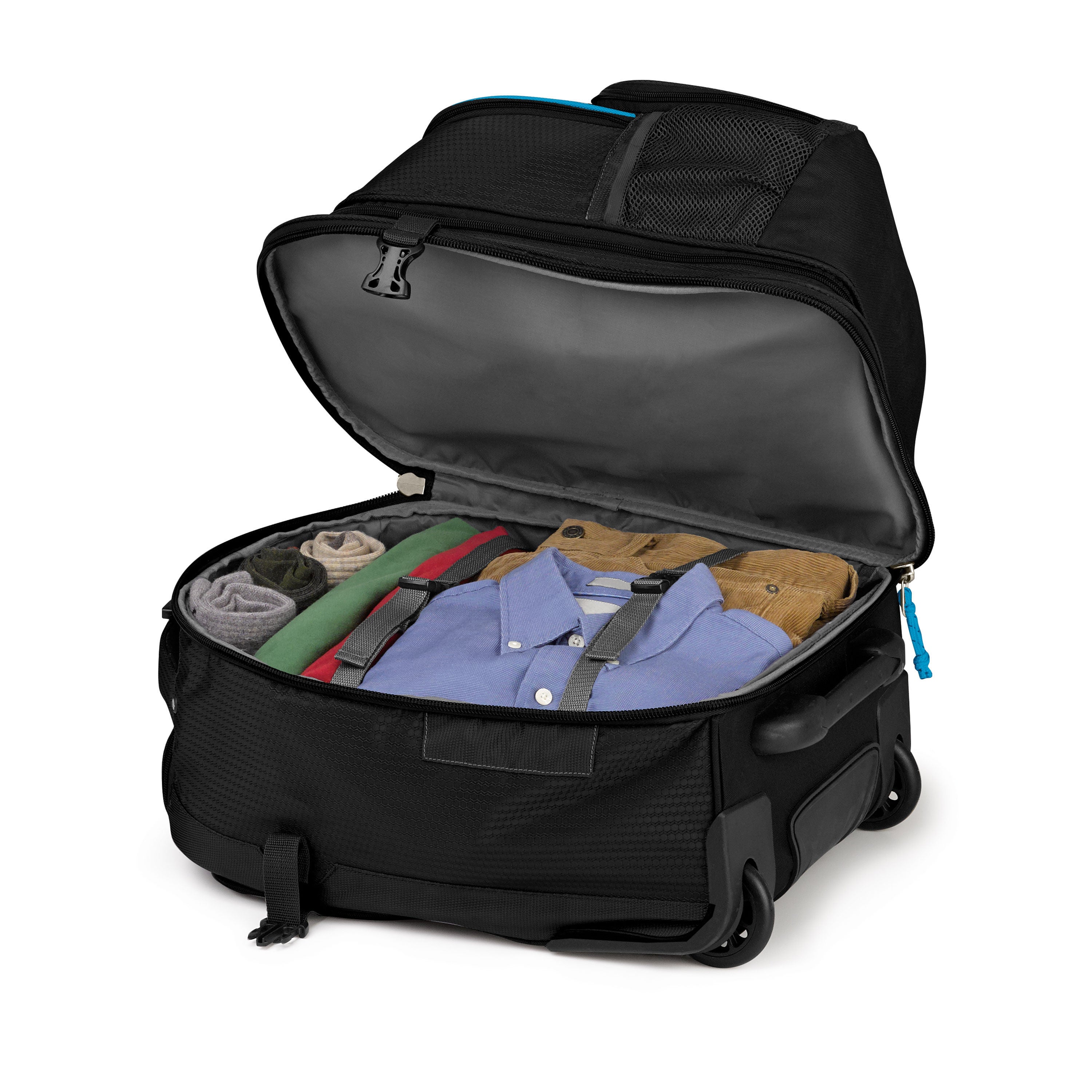 Backpack with removable wheels outlet
