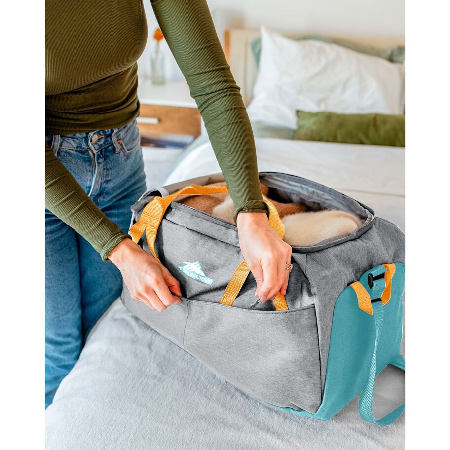 Forester Small Duffel in the color Grey Heather/Turquoise/Blazing Orange. image number 3